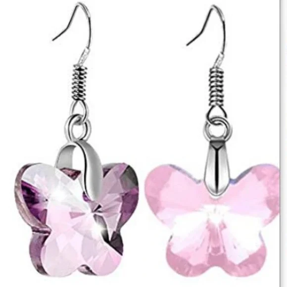 Pink Butterfly Earrings Dangle Crystal Cut Earrings Butterflies Silver Sparkle - Picture 3 of 7